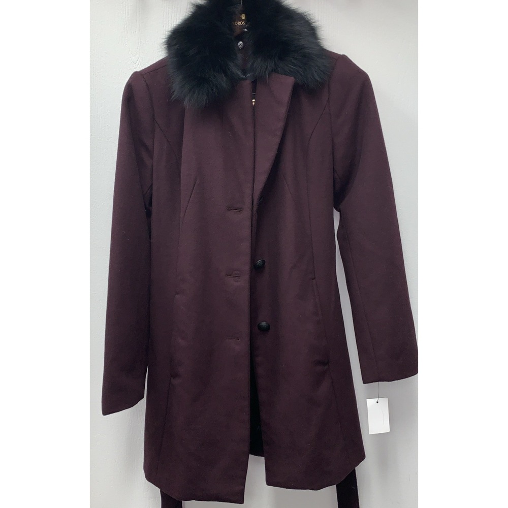 NWT New York Andrew Marc Womens Burgundy Fox Fur Collar Belted Wool Coat Size 10